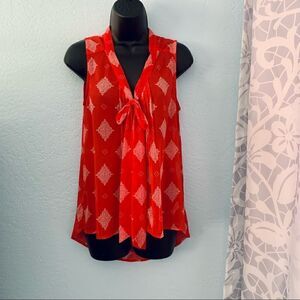 Xhilaration Red & White Print Tie Neck Sleeveless Blouse Size Medium